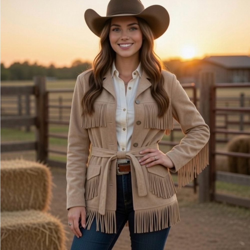 Amazing hand crafted leather fringe jacket with belt cowgirl rodeo M  Rtl $700